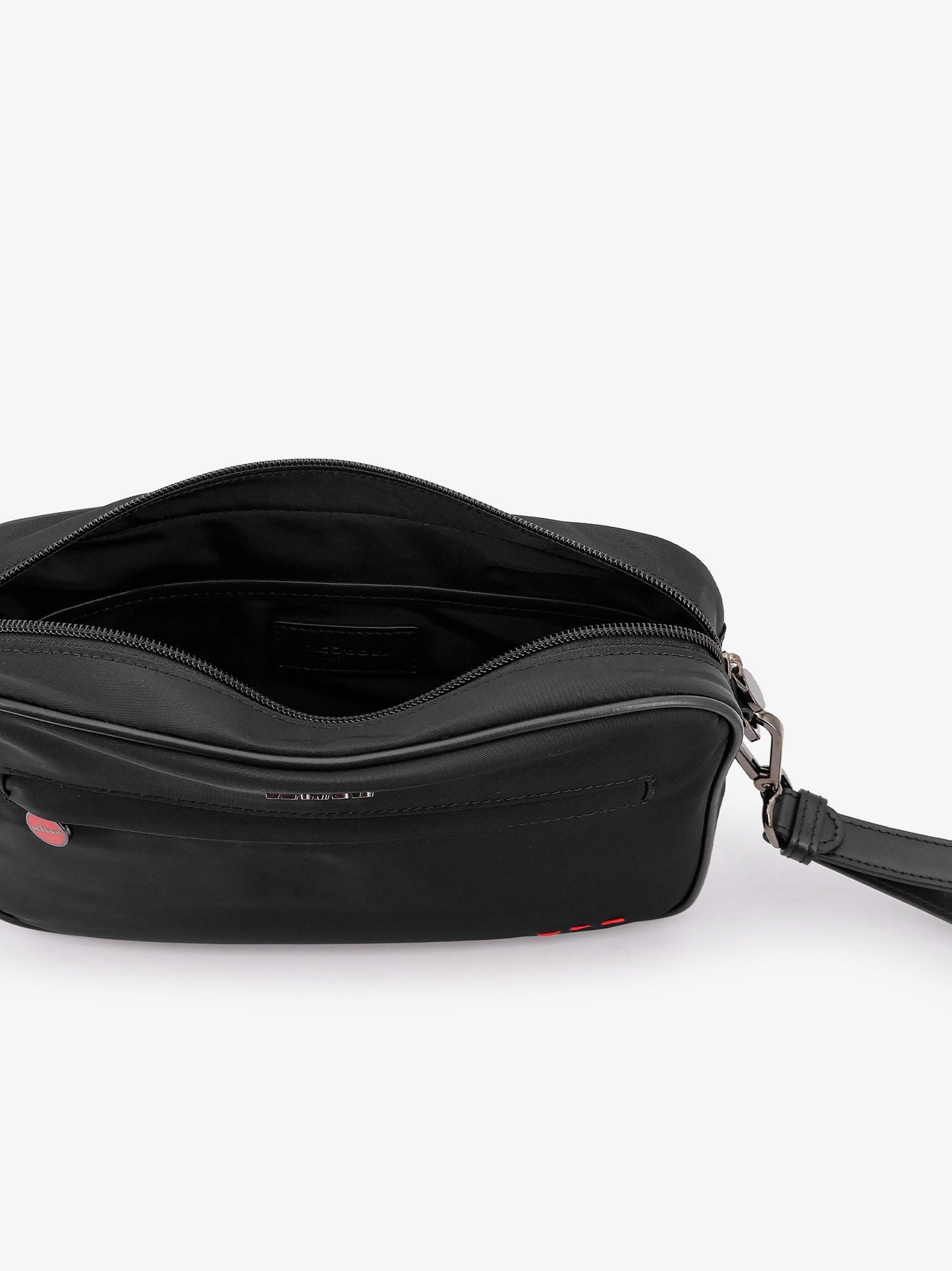 Nylon clutch bag with iconic logo embroidery
