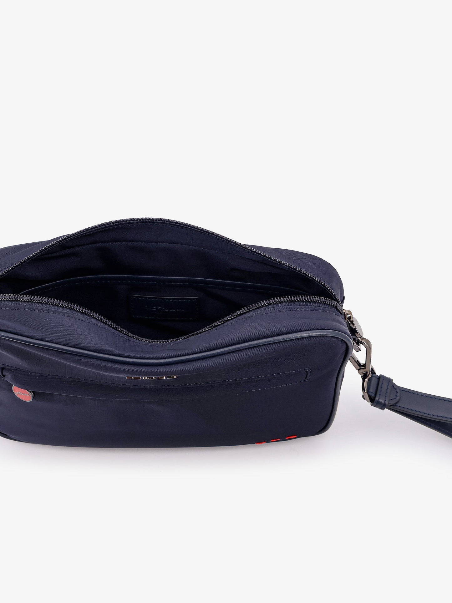 Nylon clutch bag with iconic logo embroidery