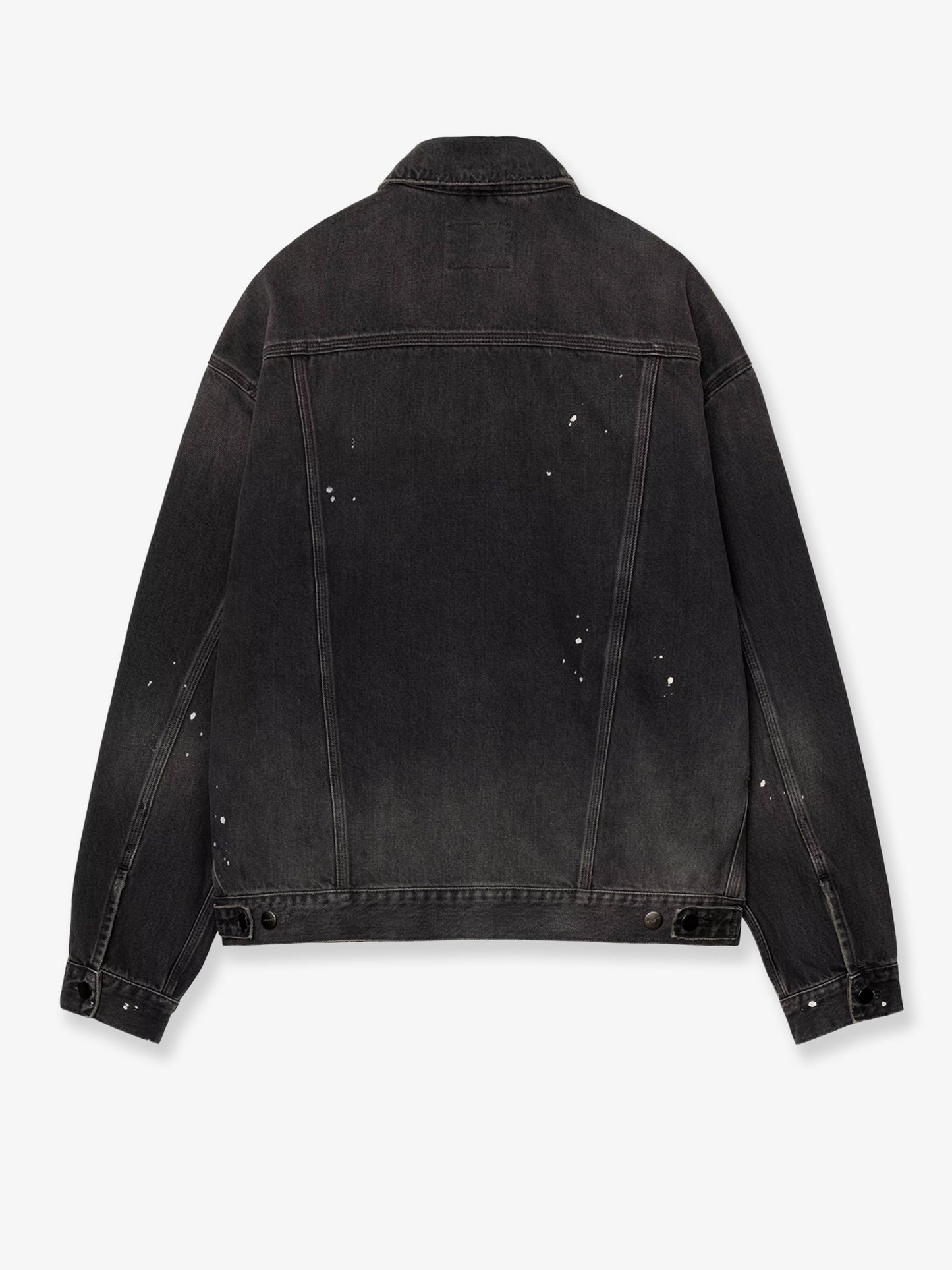 Black denim jacket with a distressed effect