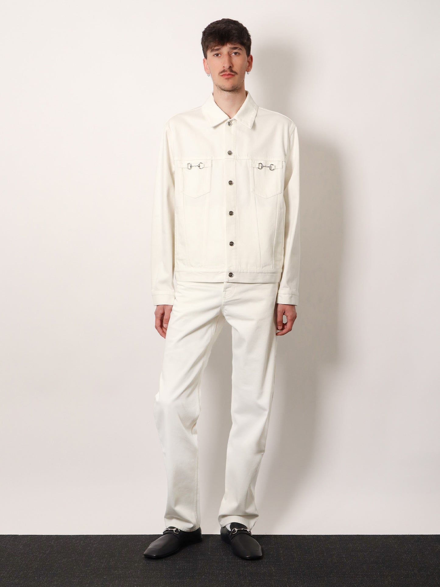 Denim trousers with metal Horsebit detail on the back