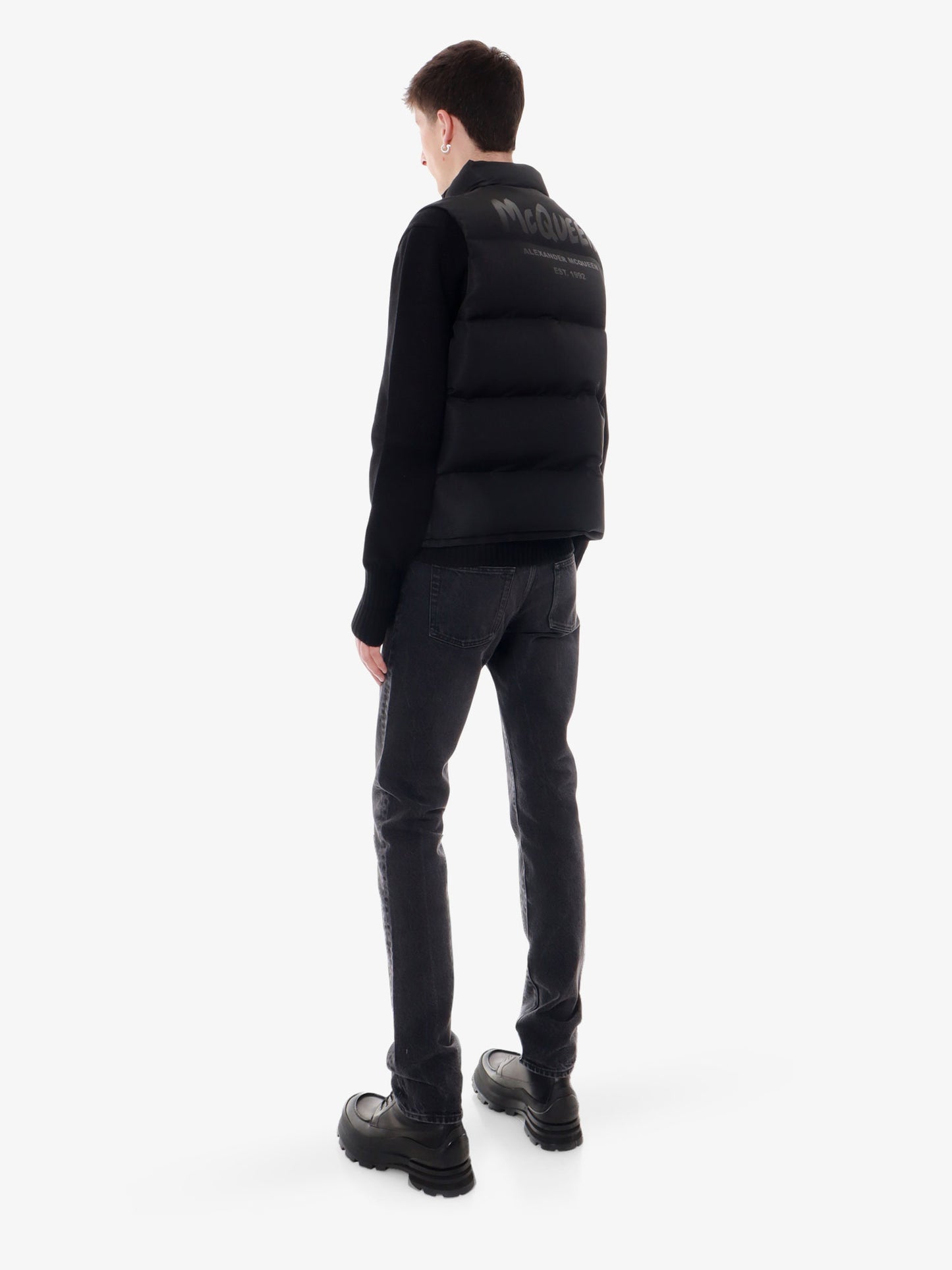 Padded and quilted nylon sleeveless jacket with back mcqueen graffiti print