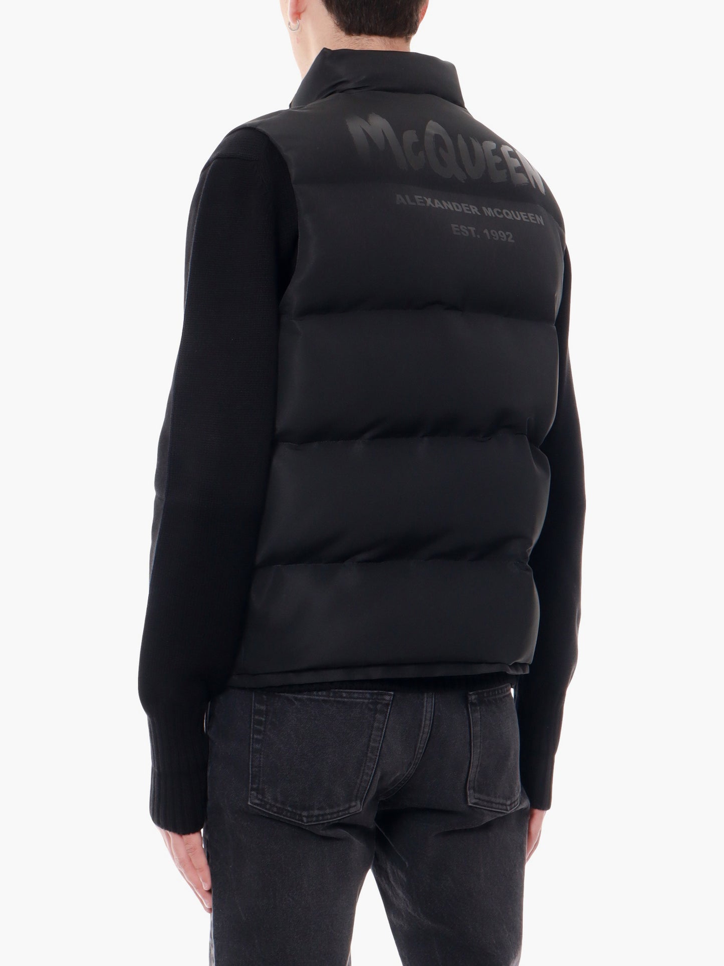 Padded and quilted nylon sleeveless jacket with back mcqueen graffiti print