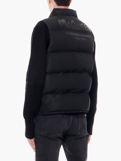 Padded and quilted nylon sleeveless jacket with back mcqueen graffiti print thumbnail
