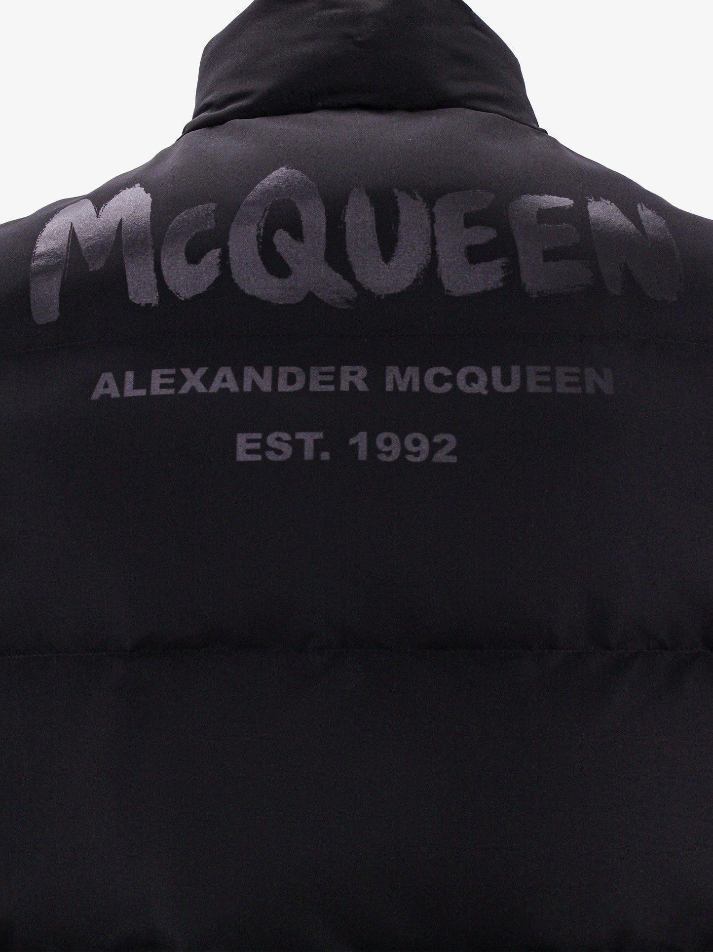 Padded and quilted nylon sleeveless jacket with back mcqueen graffiti print