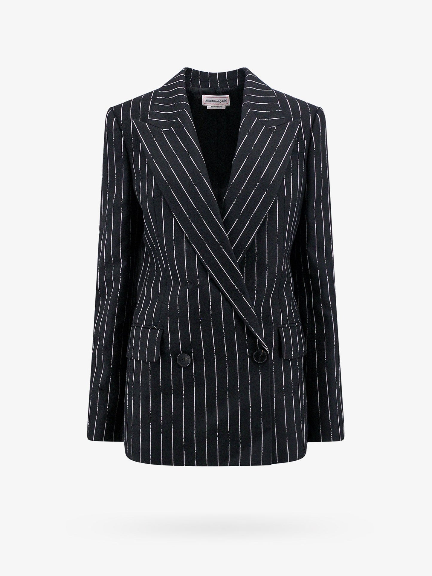 Double-breasted broken pinstripe blazer