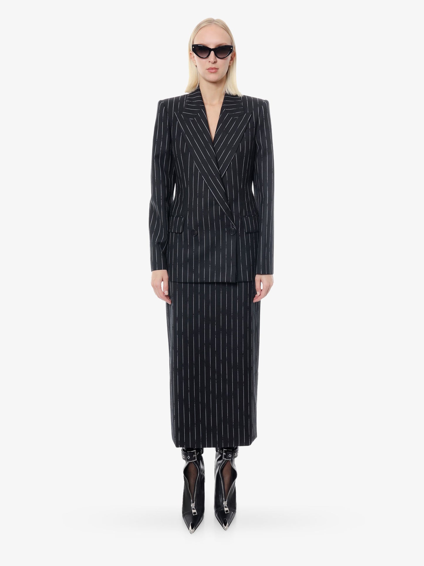 Double-breasted broken pinstripe blazer