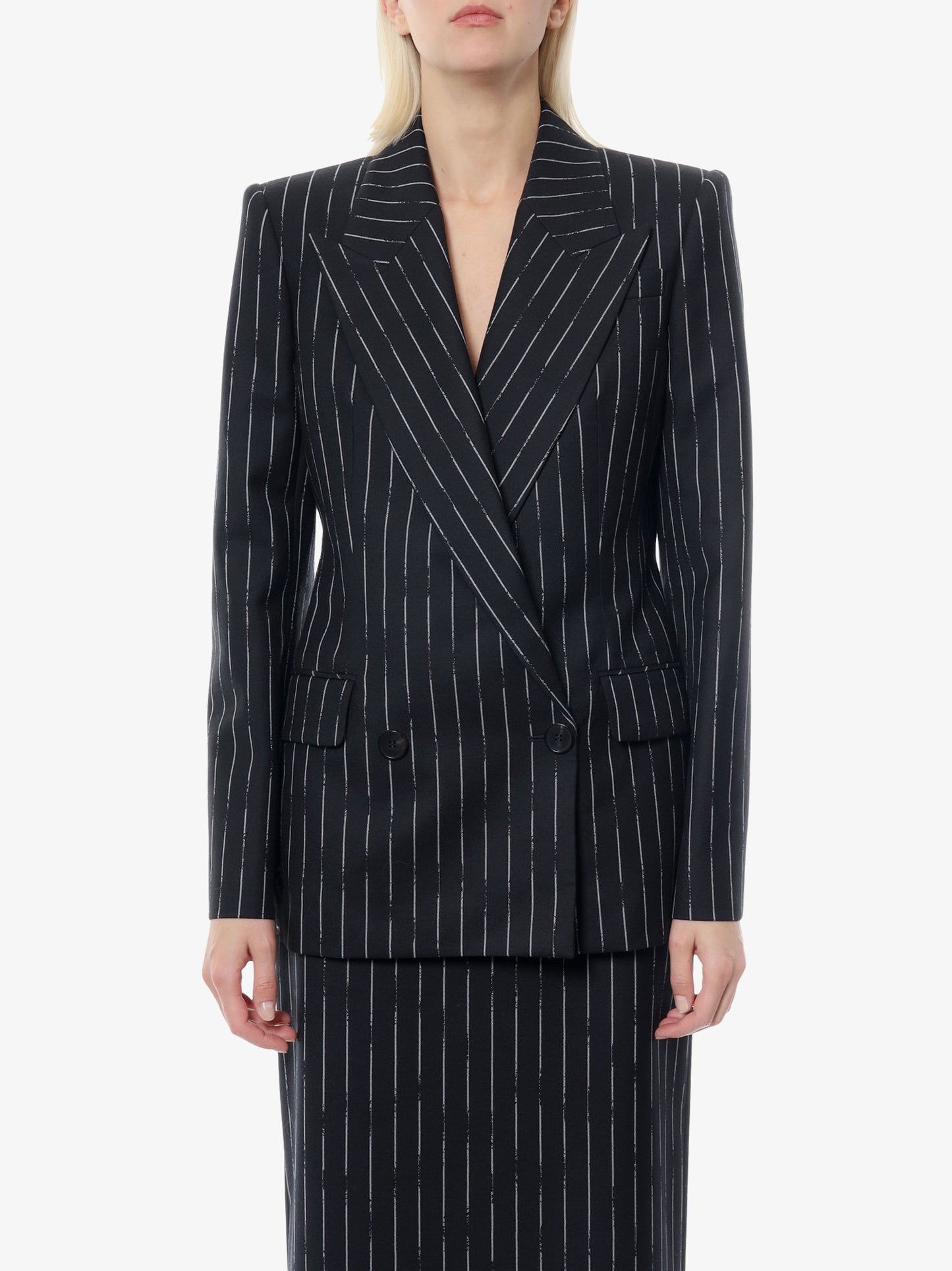 Double-breasted broken pinstripe blazer
