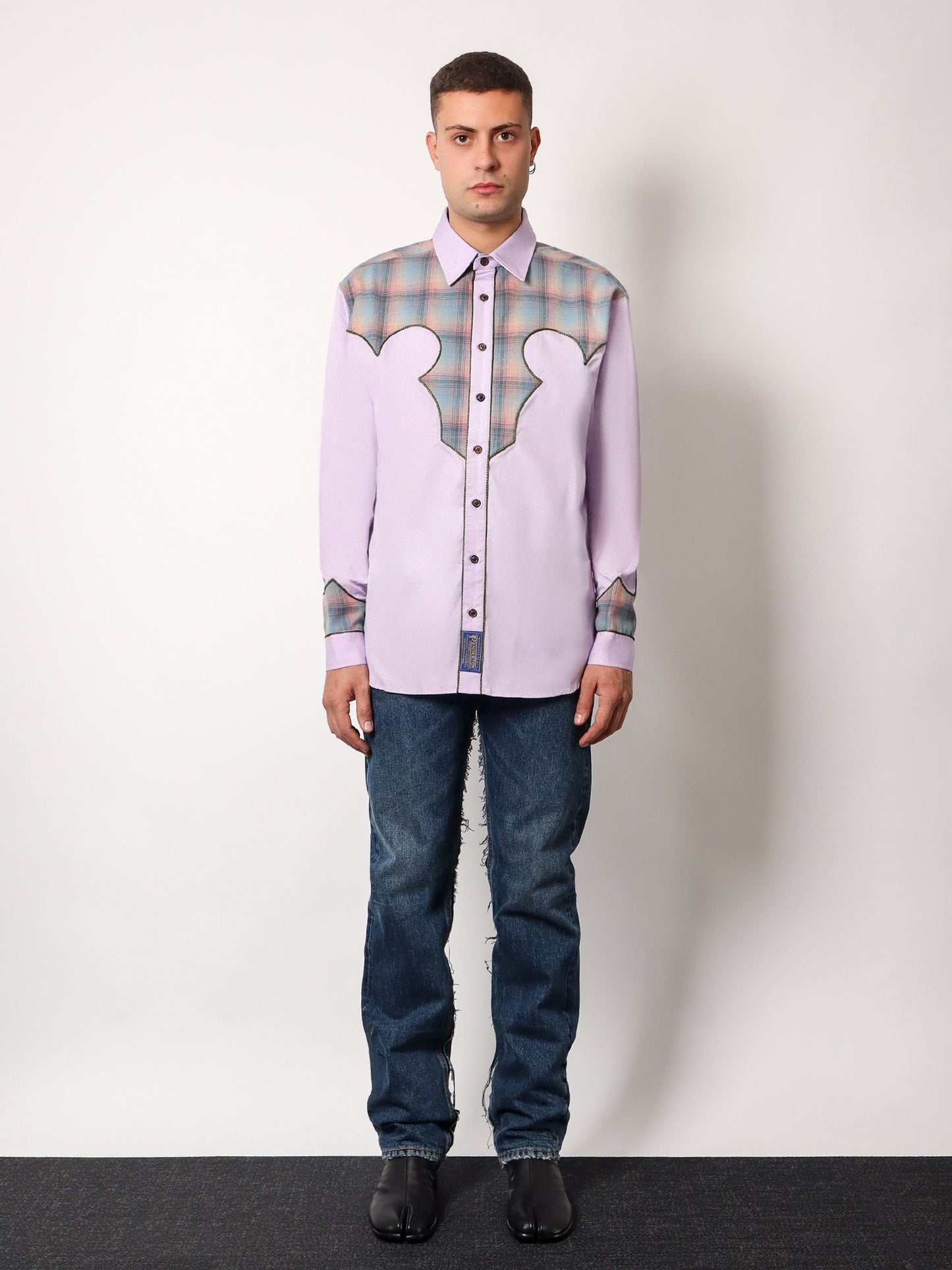 Cotton shirt with insert with madras motif