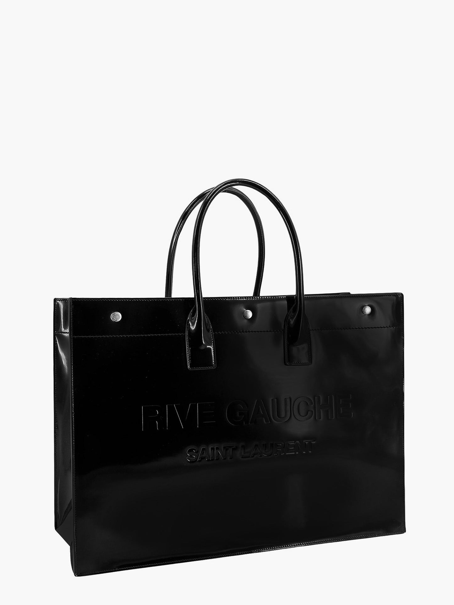 Patent leather handbag with embossed logo
