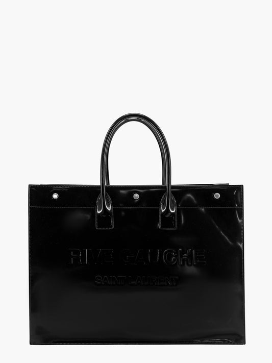 Patent leather handbag with embossed logo