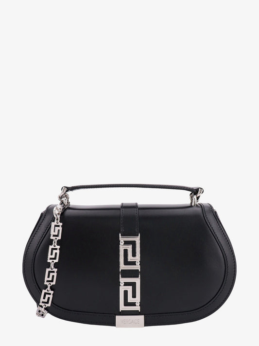 Leather handbag with frontal metal la greca detail