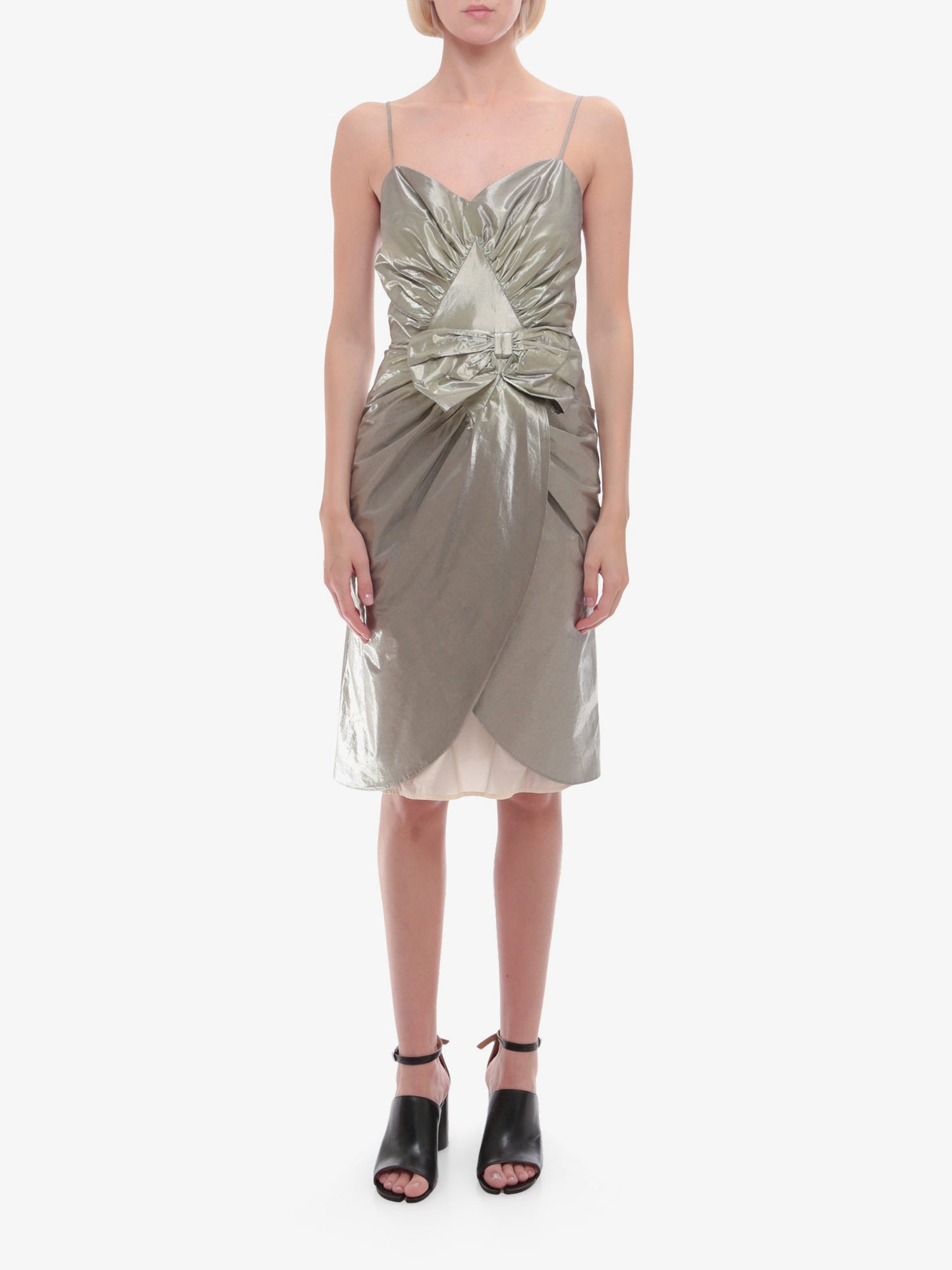 Laminted cotton dress with frontal bow