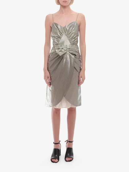 Laminted cotton dress with frontal bow thumbnail