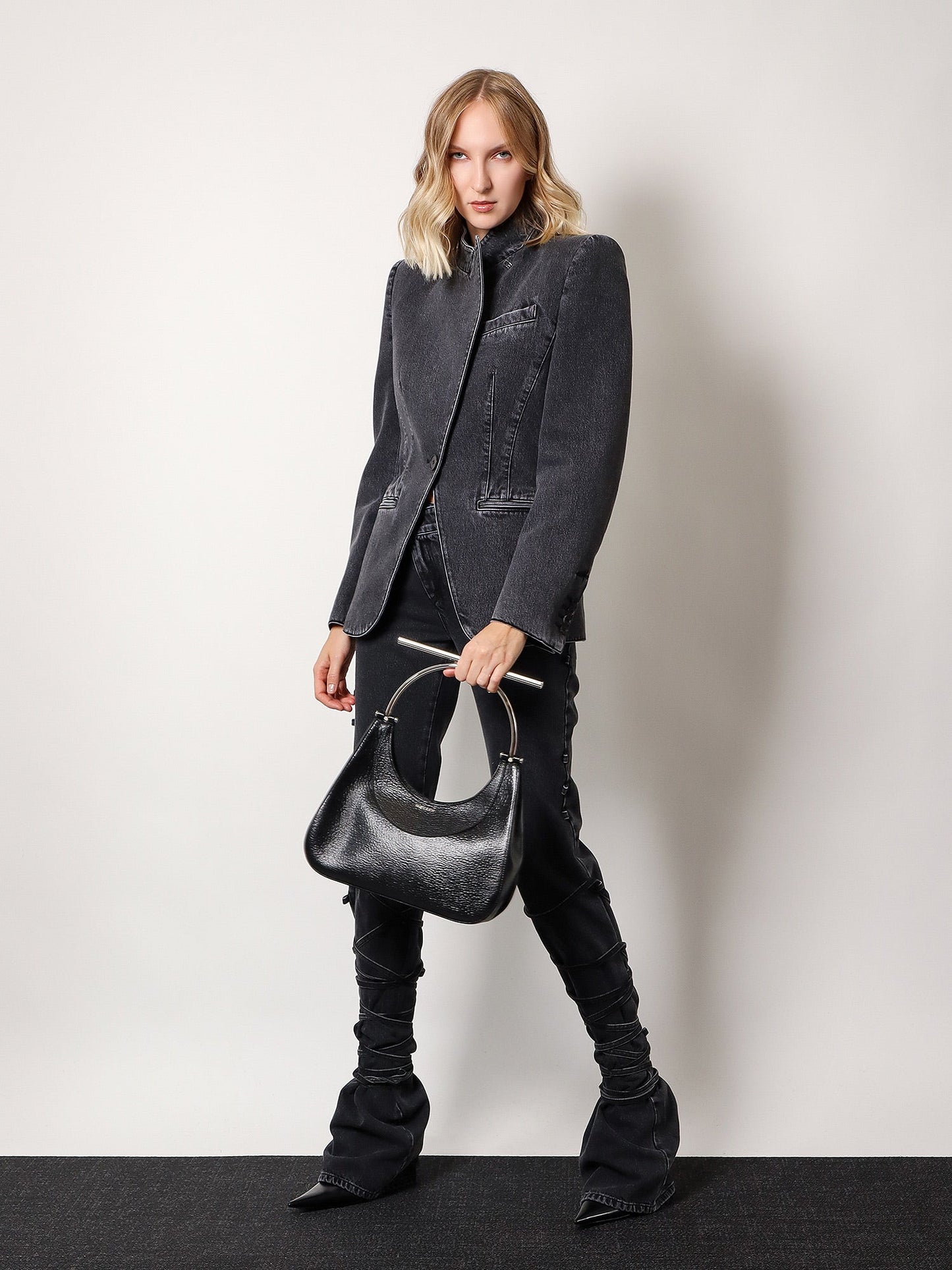 Leather handbag with frontal logo