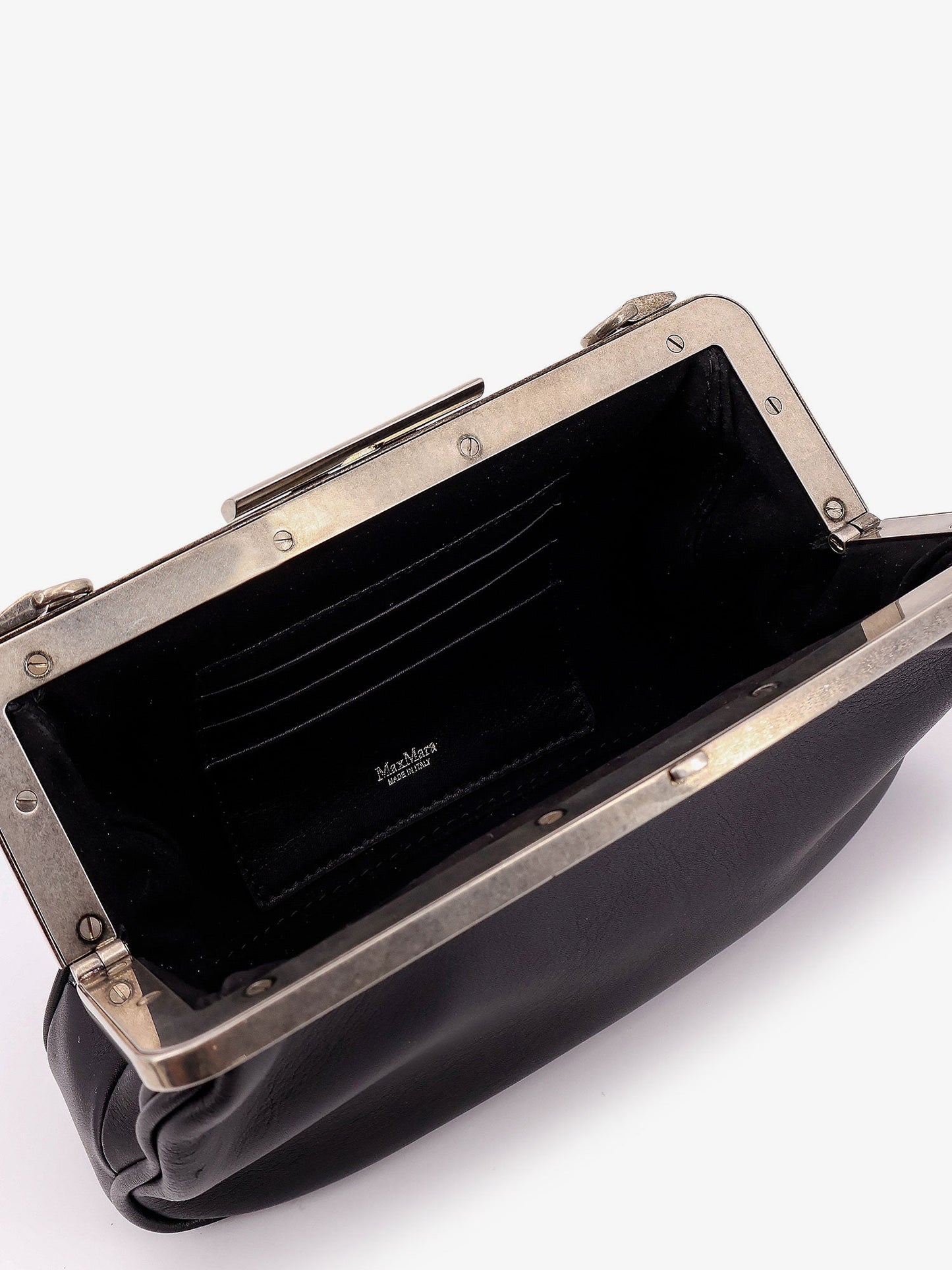Leather clutch with metal logoed detail