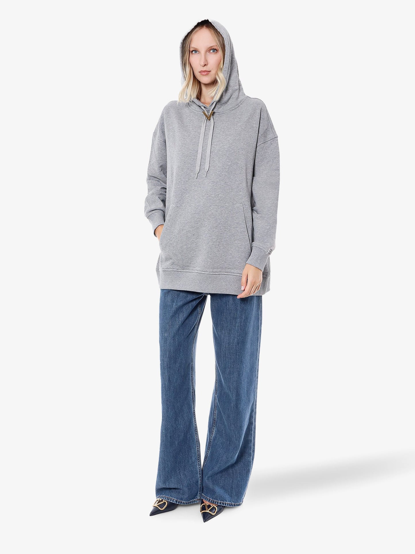 Valentino cotton sweatshirt with hood and metallic v detail