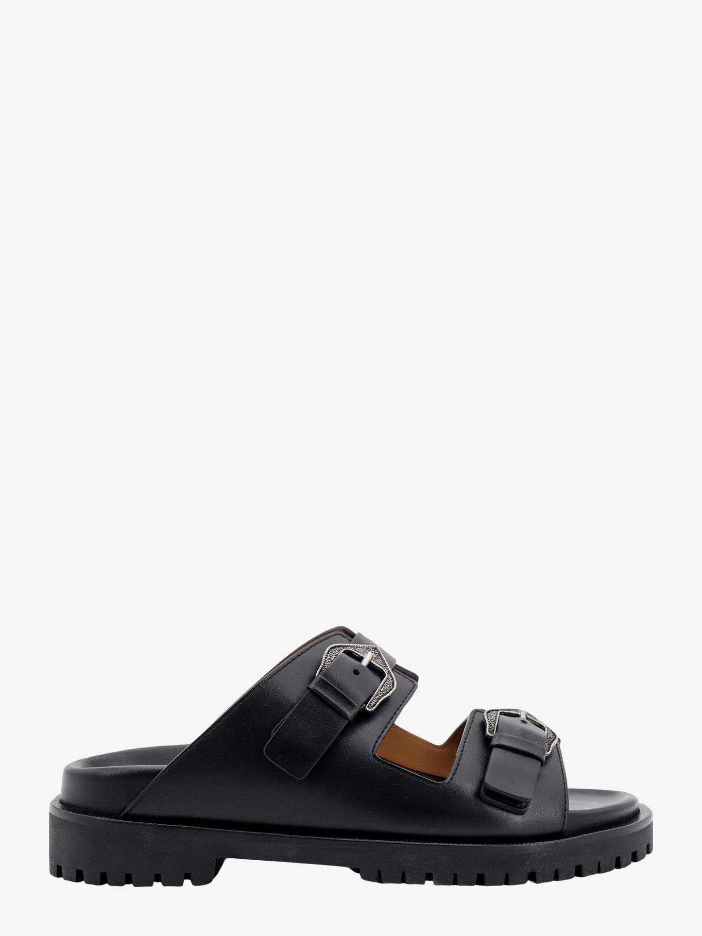 Leather sandals with metal buckles with arrow logo
