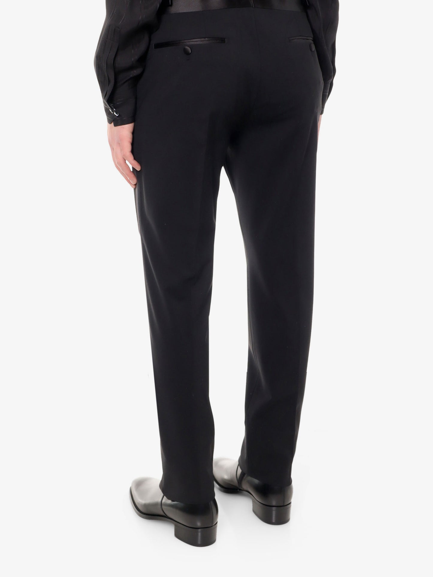Pantalone in lana vergine con profili in satin