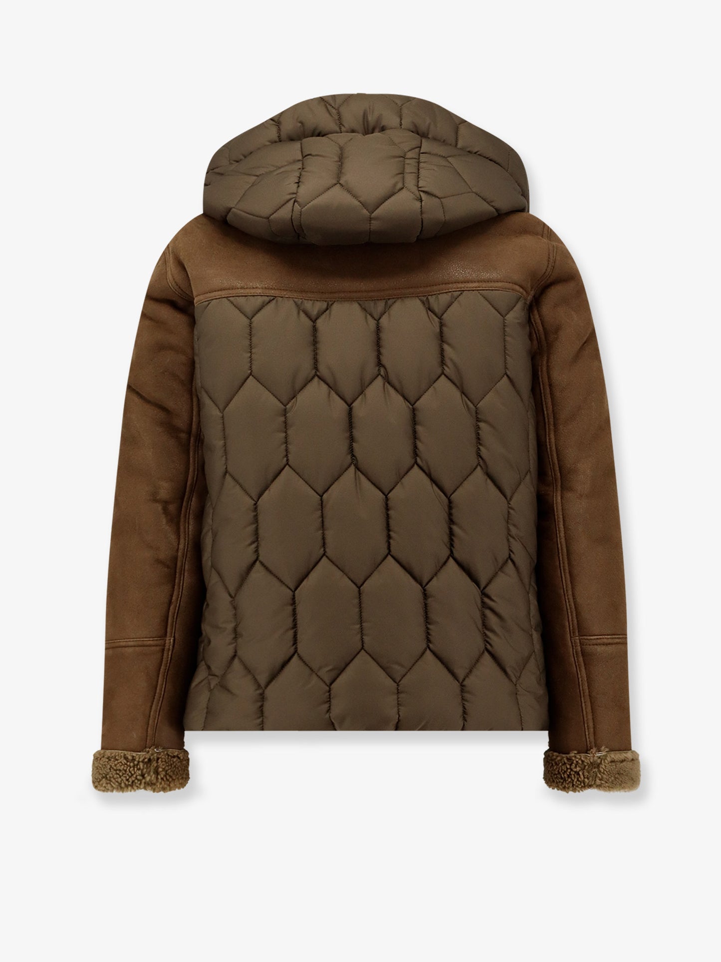 Padded nylon down jacket with leather inserts