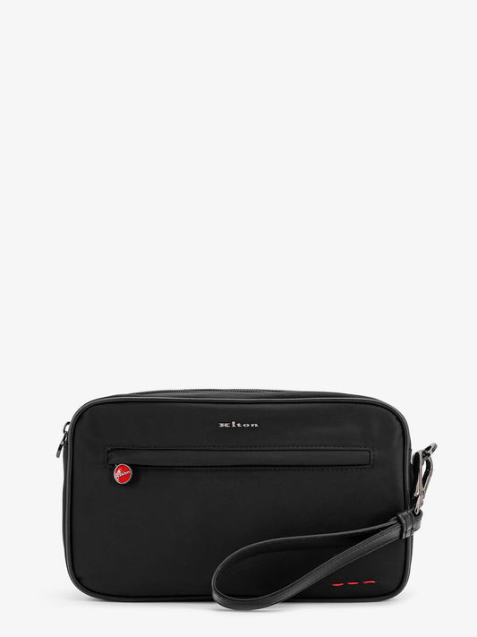 Nylon clutch bag with iconic logo embroidery