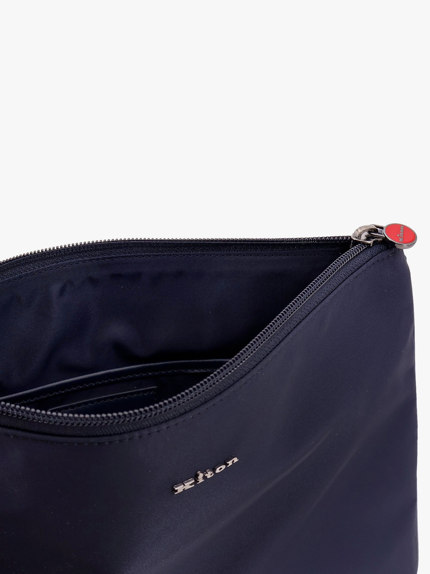 Nylon clutch with metal lettering logo