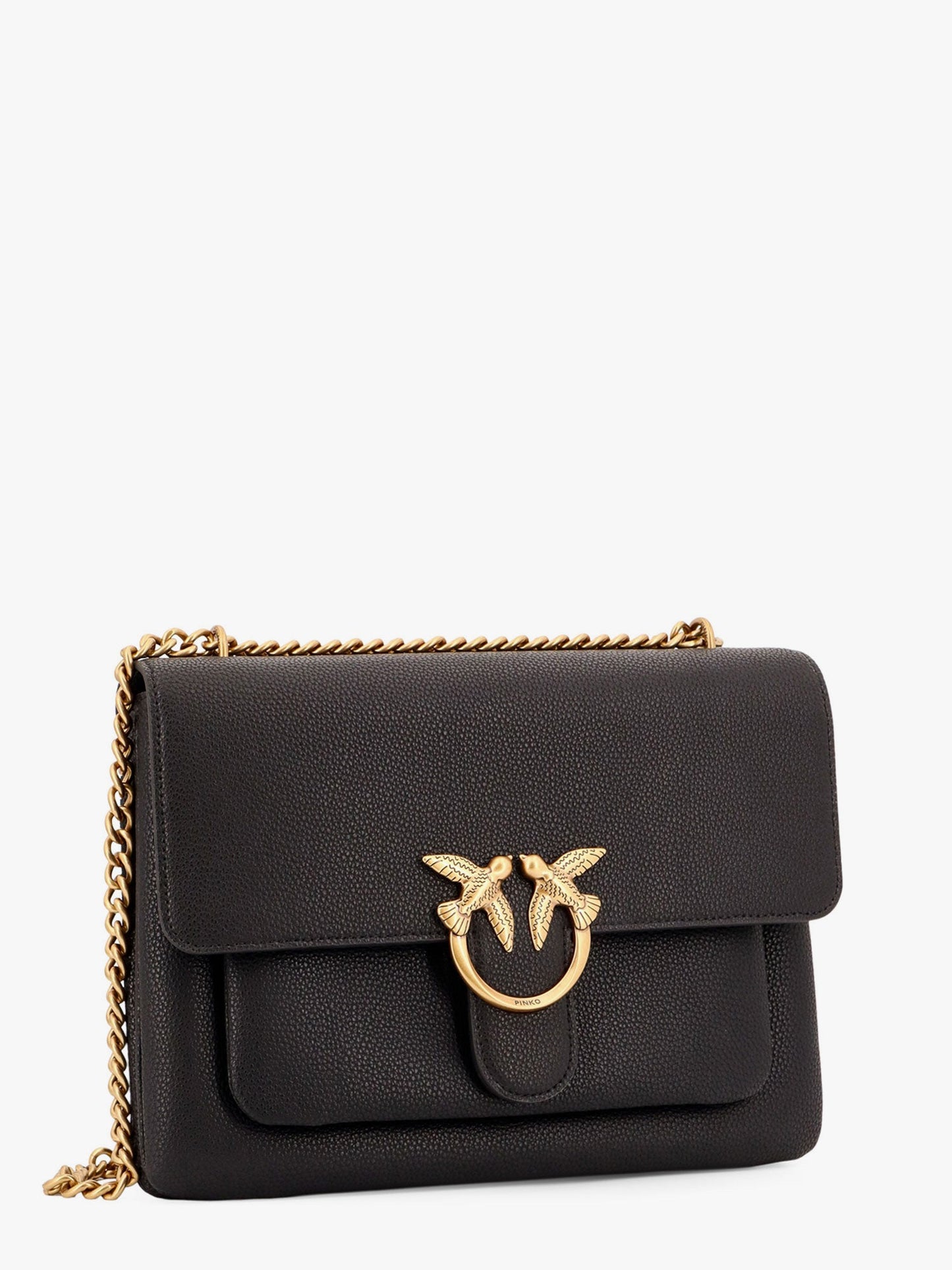 Leather shoulder bag with metal love birds buckle
