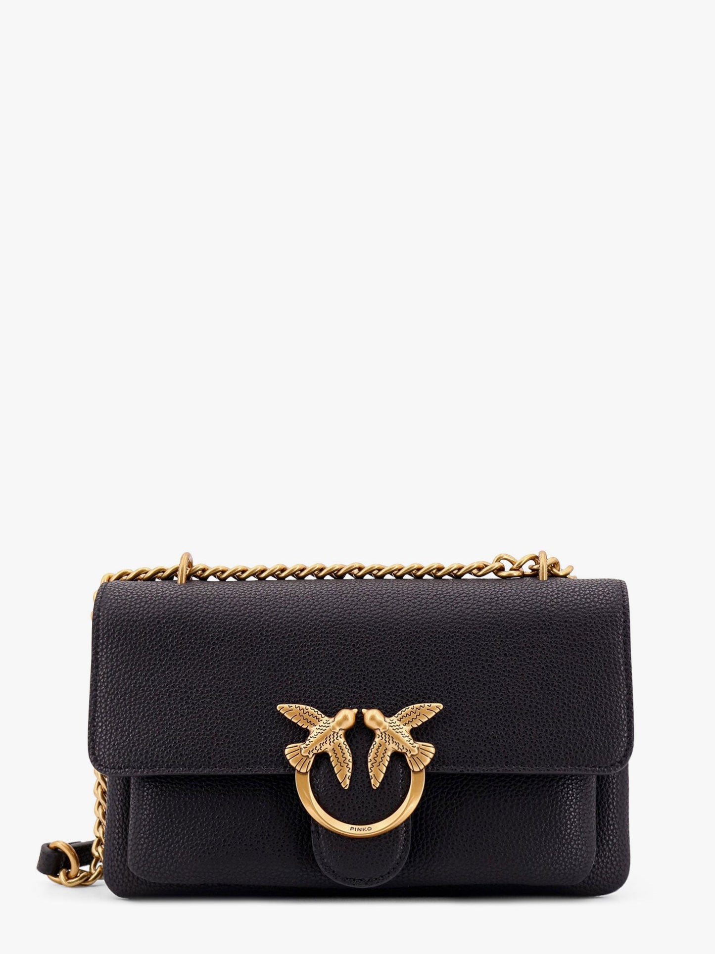 Leather shoulder bag with metal love birds buckle