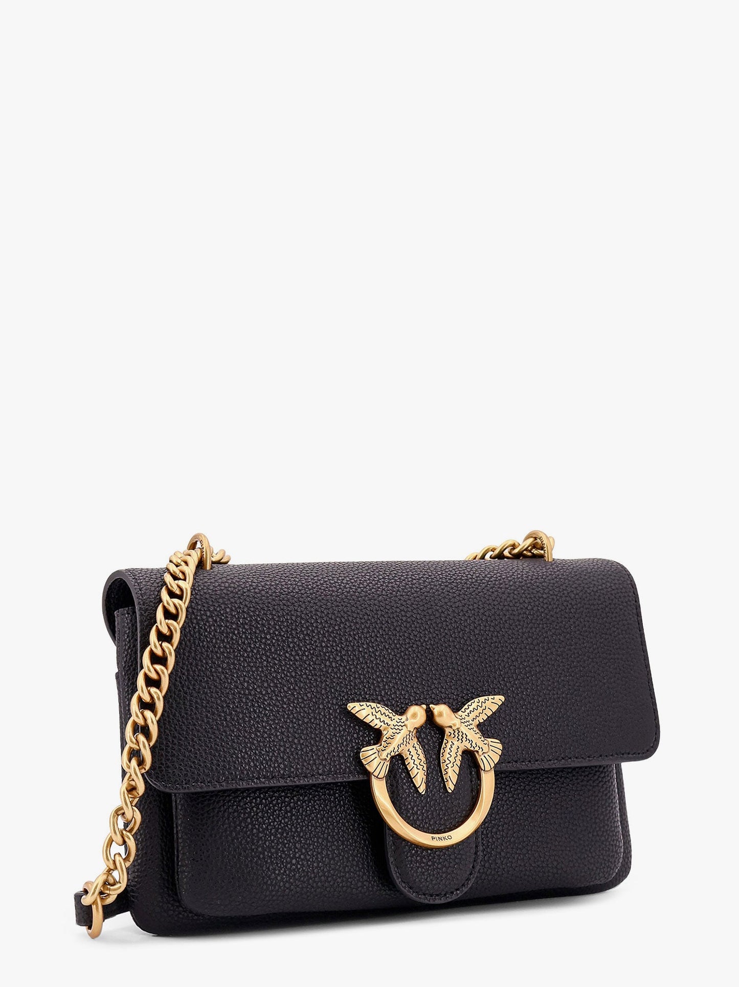 Leather shoulder bag with metal love birds buckle