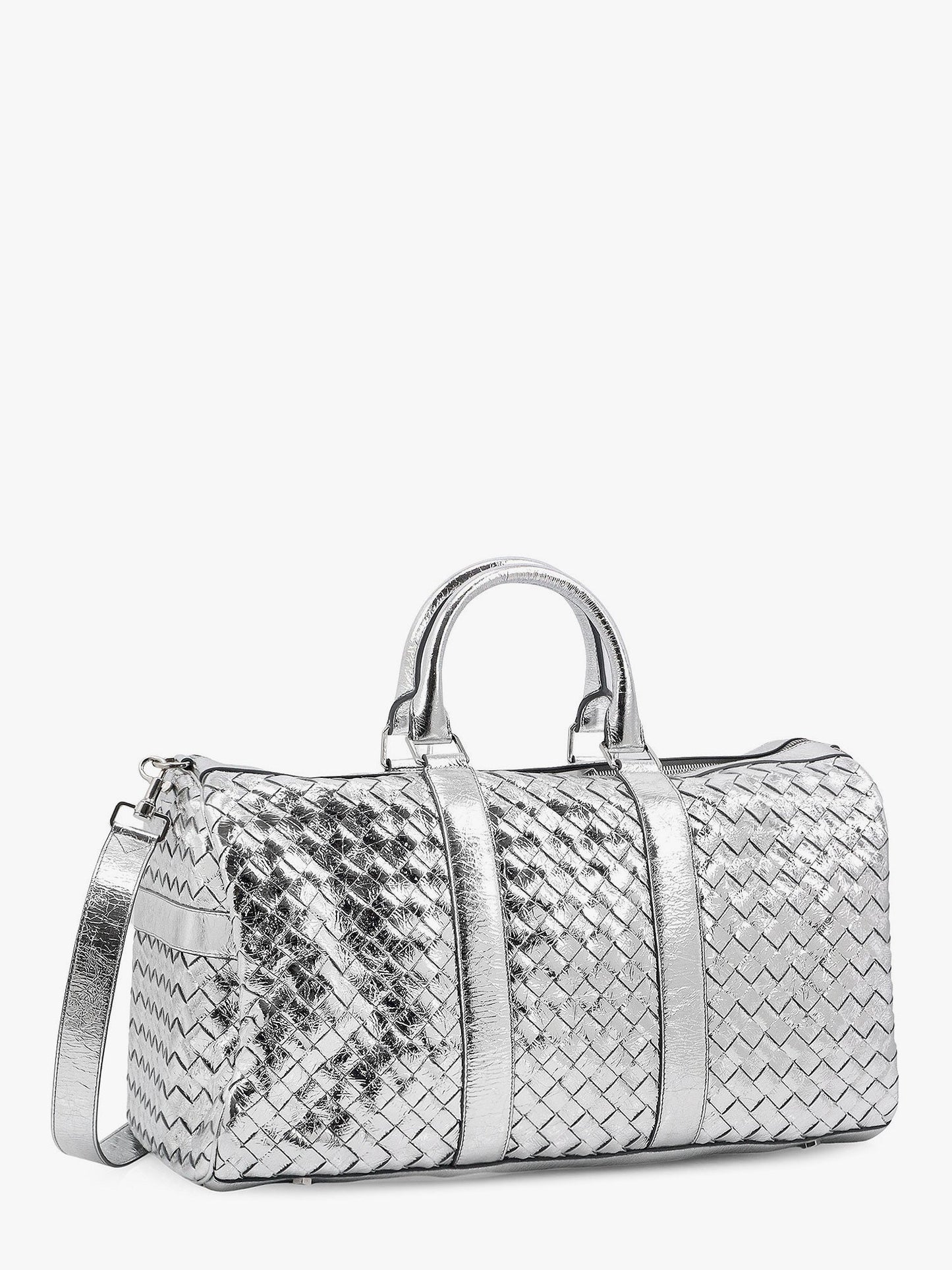 Borsa da viaggio in pelle silver con motivo intrecciato