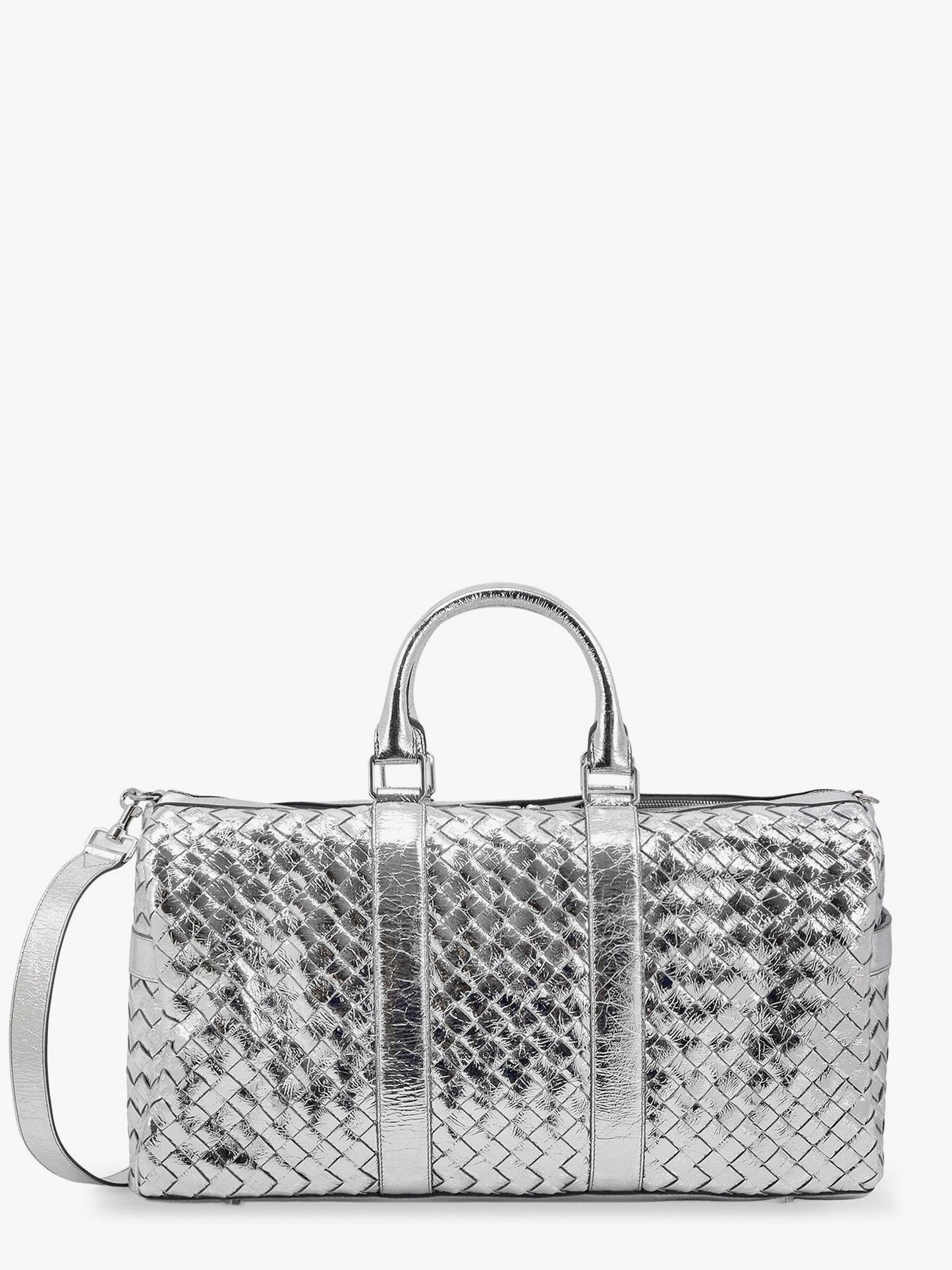 Borsa da viaggio in pelle silver con motivo intrecciato