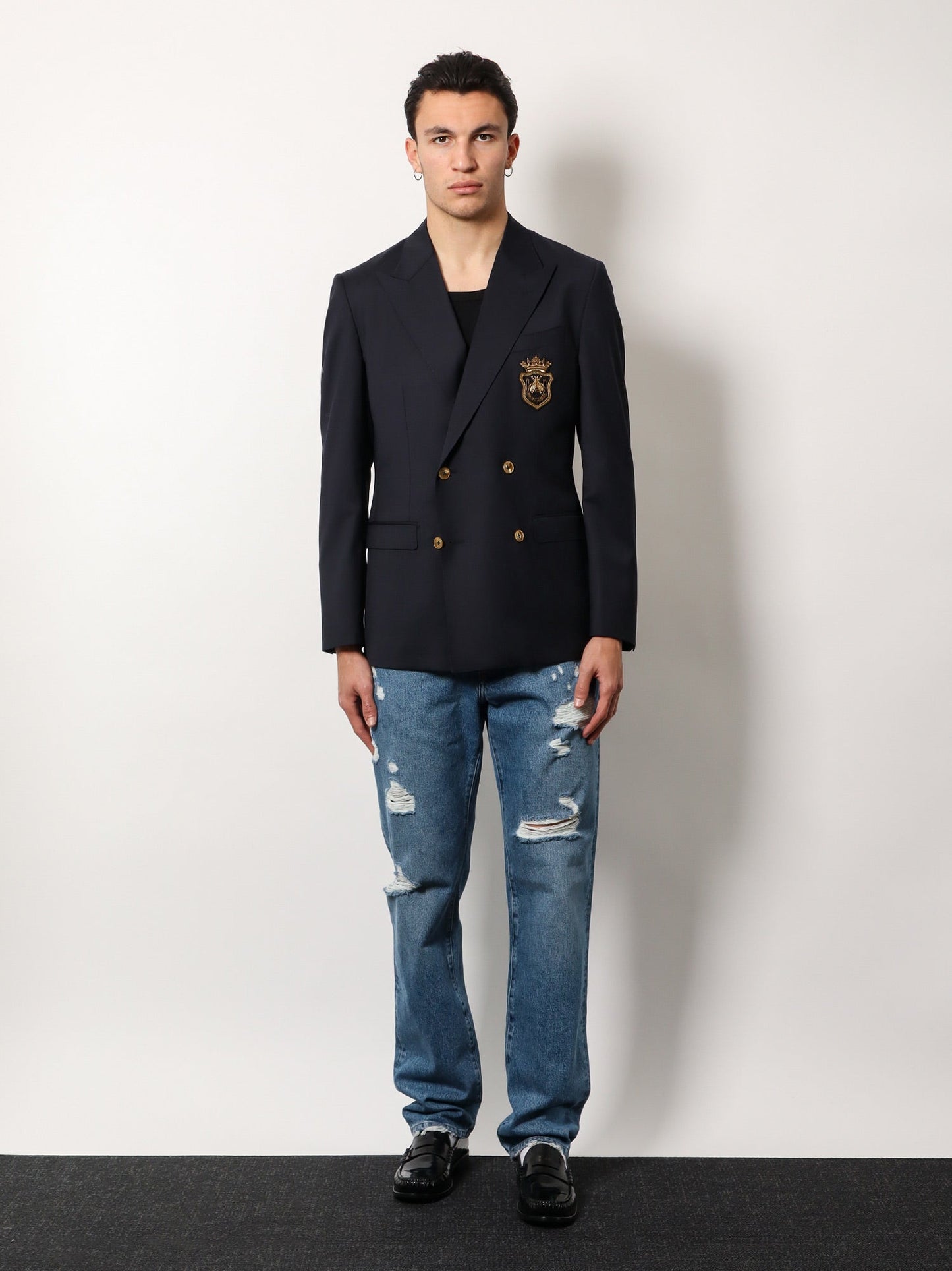 Stretch virgin wool blazer with frontal logo patch