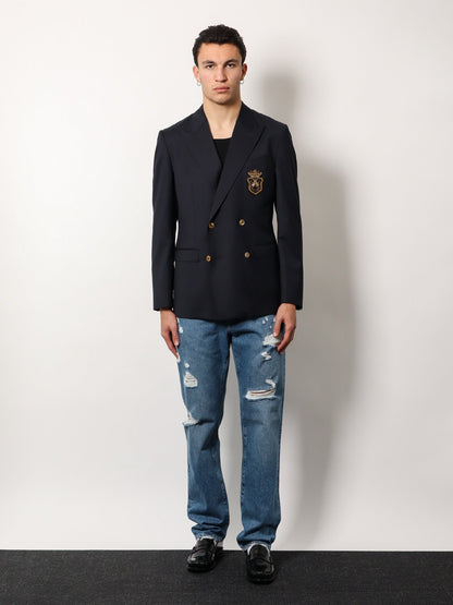 Stretch virgin wool blazer with frontal logo patch thumbnail