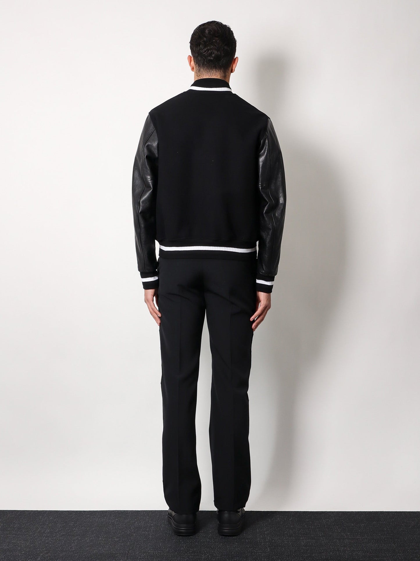 Varsity wool blend bomber with leather sleeves