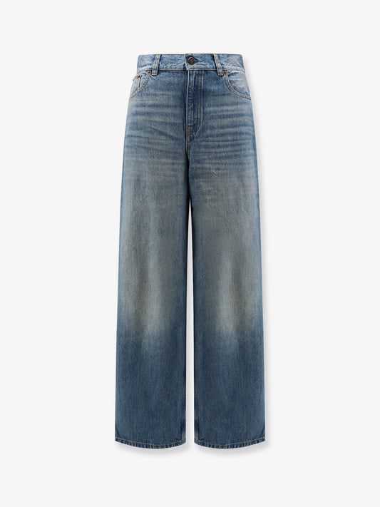 Blue denim jeans with logo label on the back