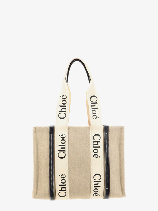 Borsa a spalla Woody in lino con logo lettering frontale