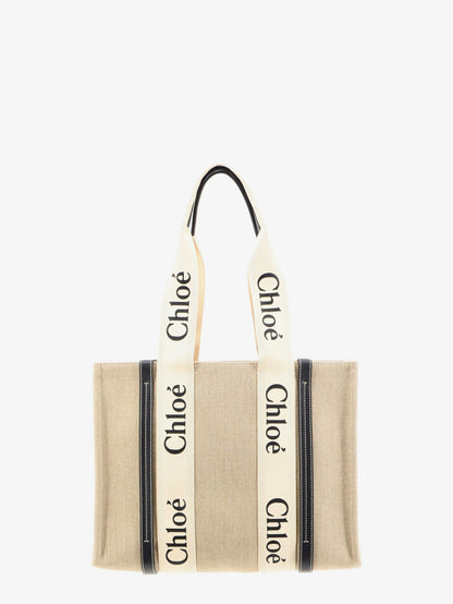 Borsa a spalla Woody in lino con logo lettering frontale thumbnail