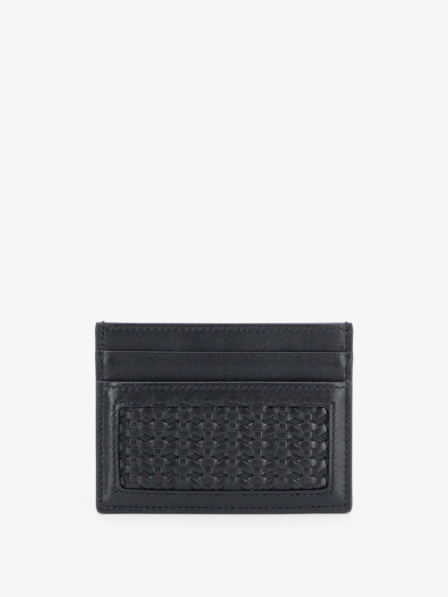 Leather card holder with woven pattern