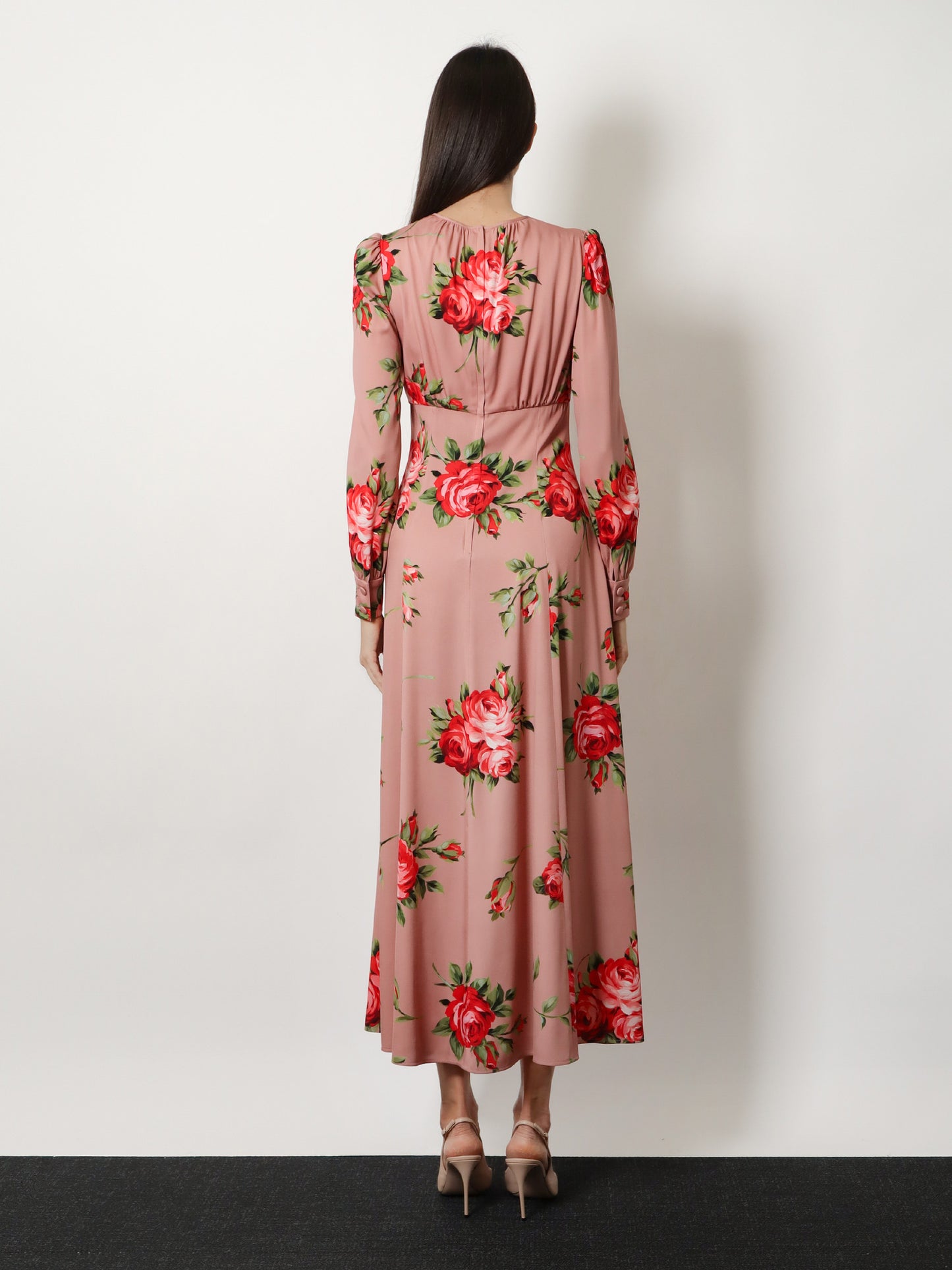 Long silk dress with Bouquet Rose print