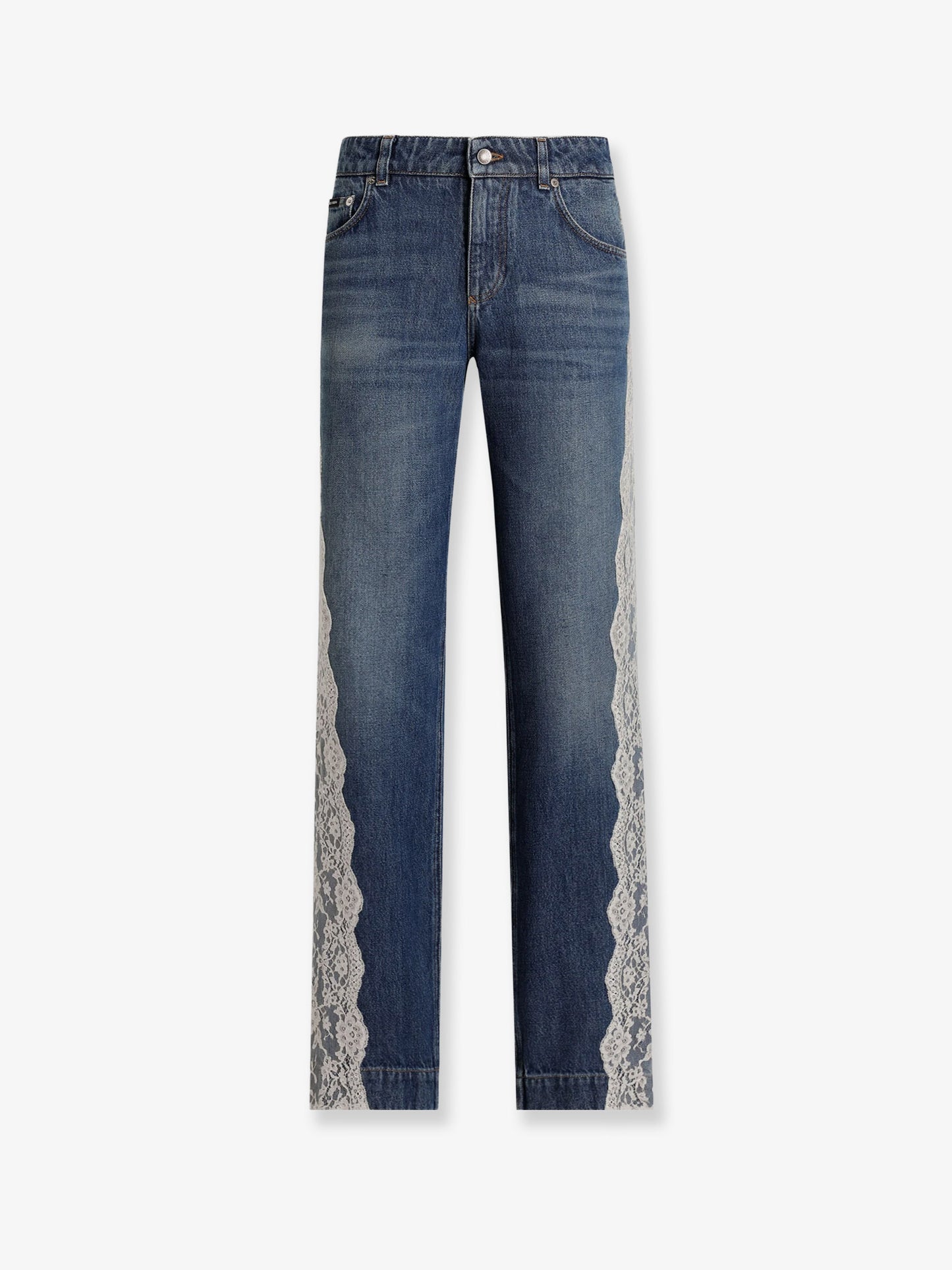 Blue denim jeans with lace profiles