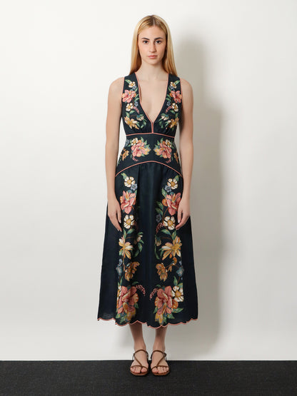 Maira long linen dress with floral print thumbnail