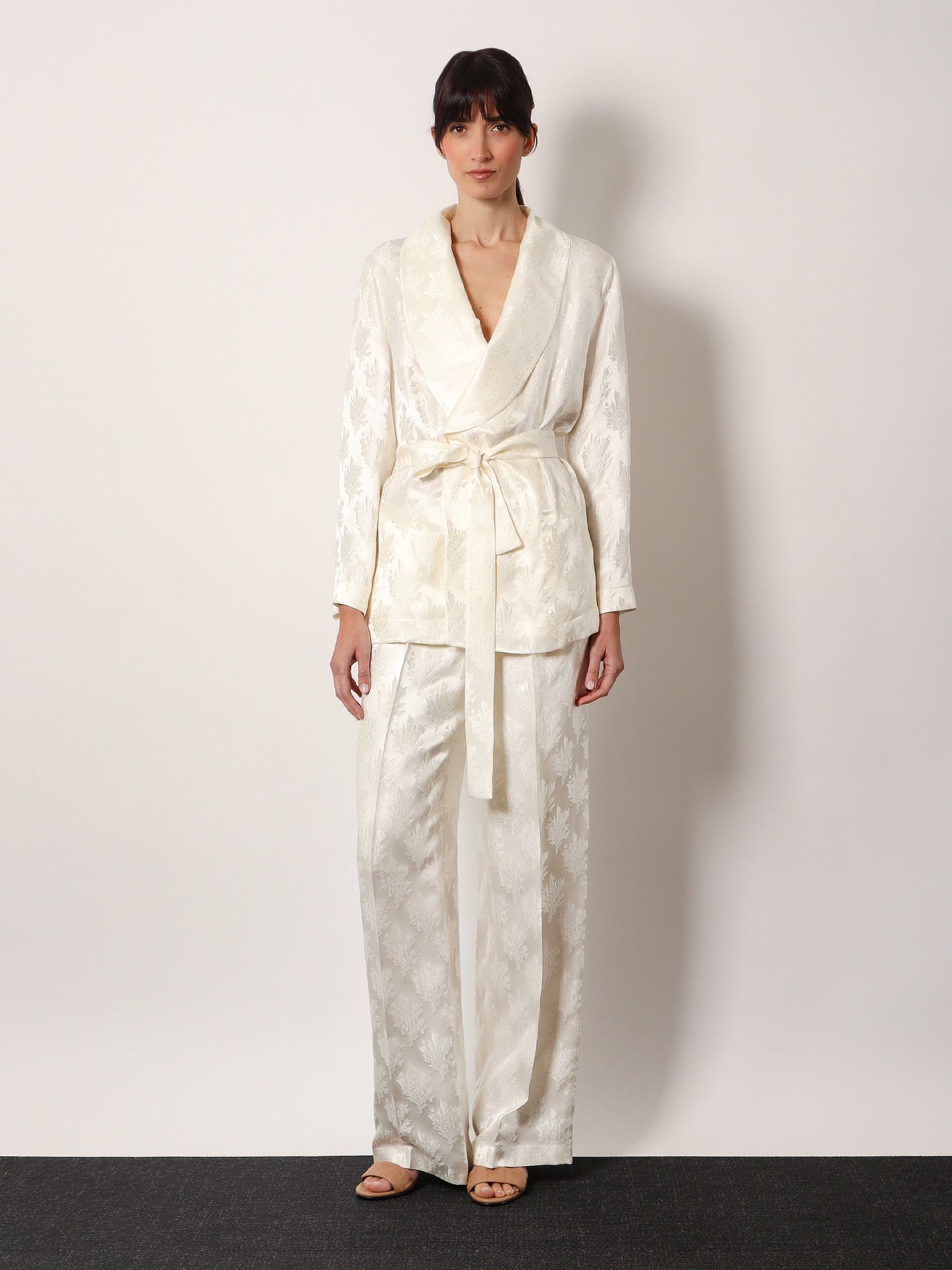 Jacquard silk trousers with floral motif