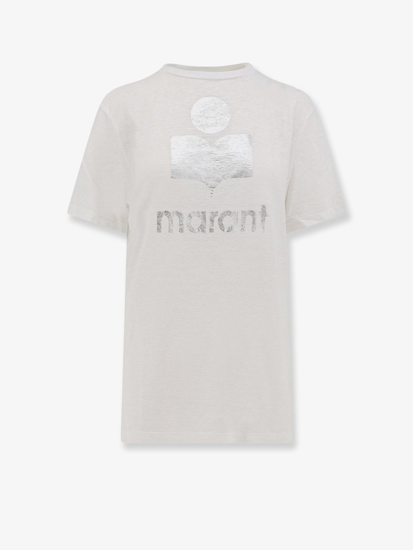 T-shirt in lino con logo frontale laminato