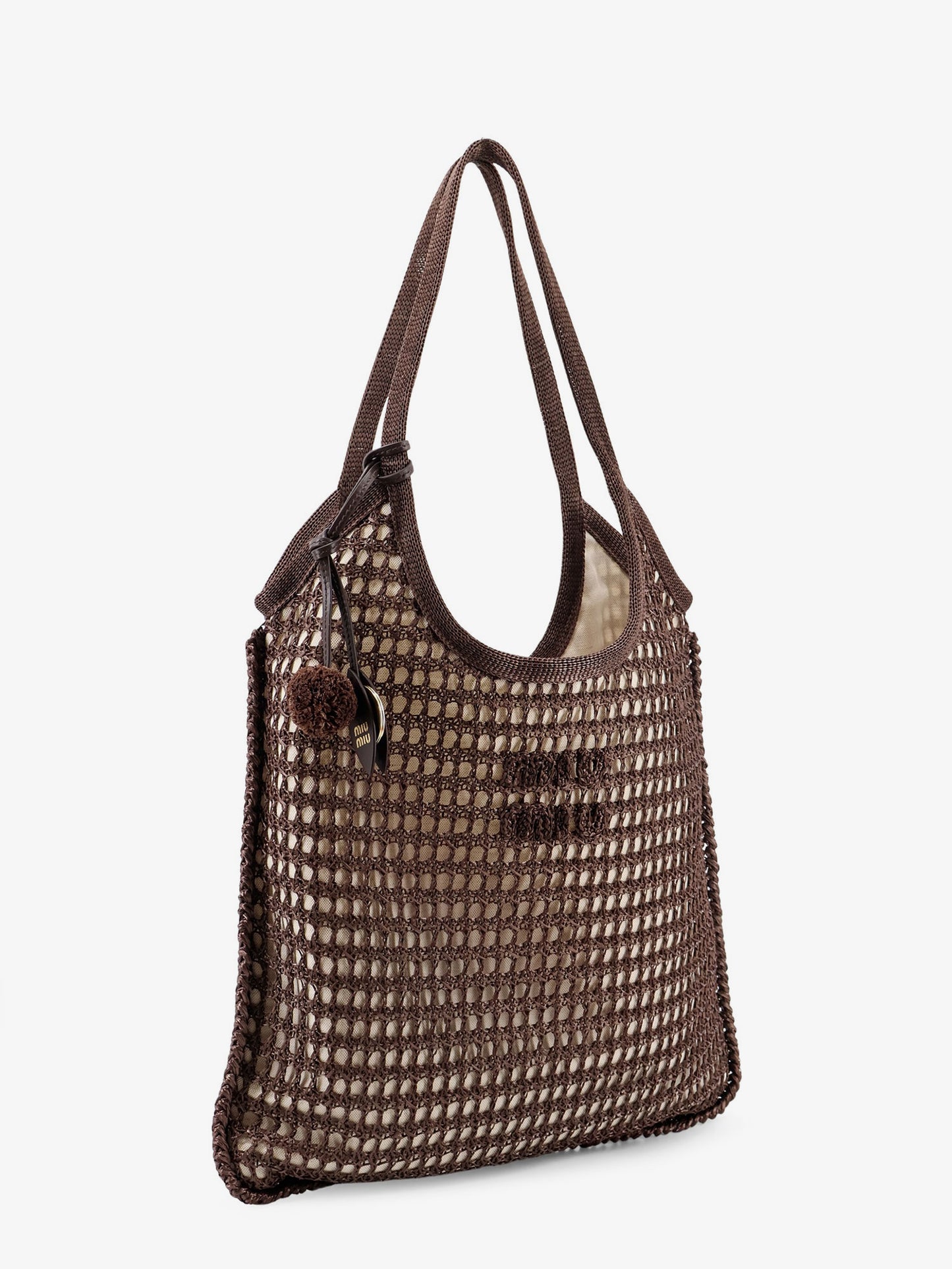 Crochet mesh shopping bag with tone-on-tone logo on the front