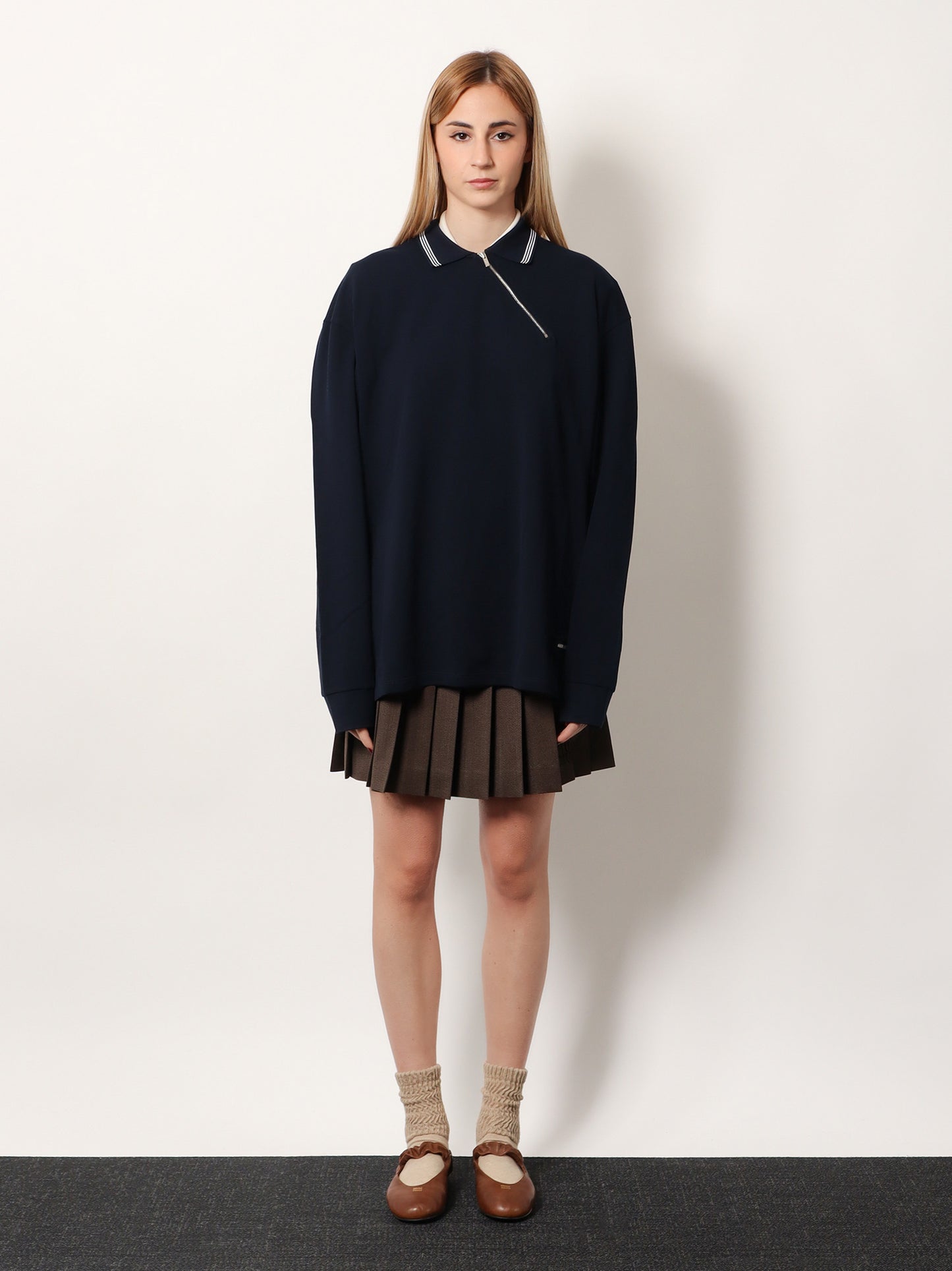 Cotton polo shirt with asymmetric metal zip detail