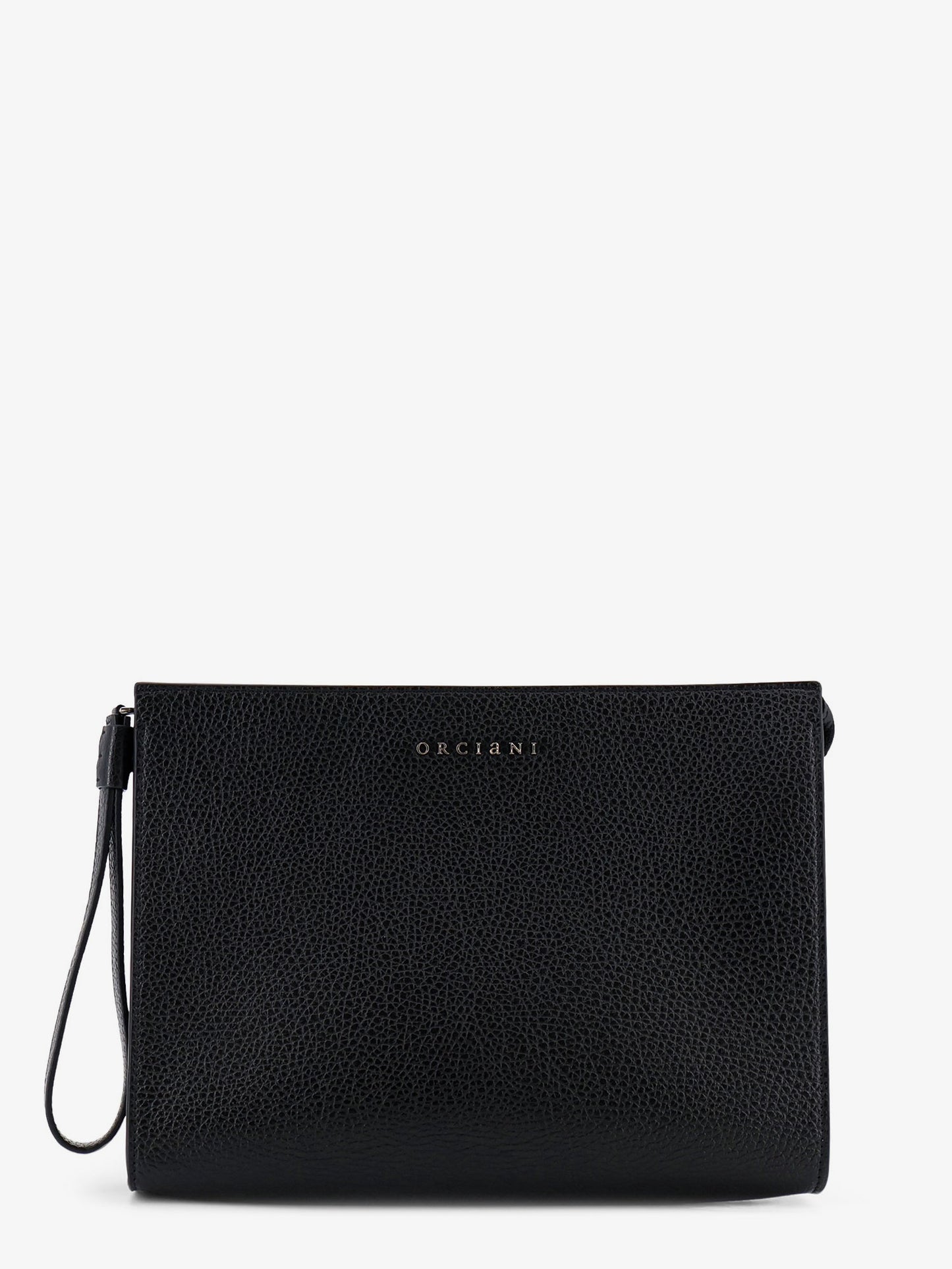 Hammered leather clutch with logo on the front