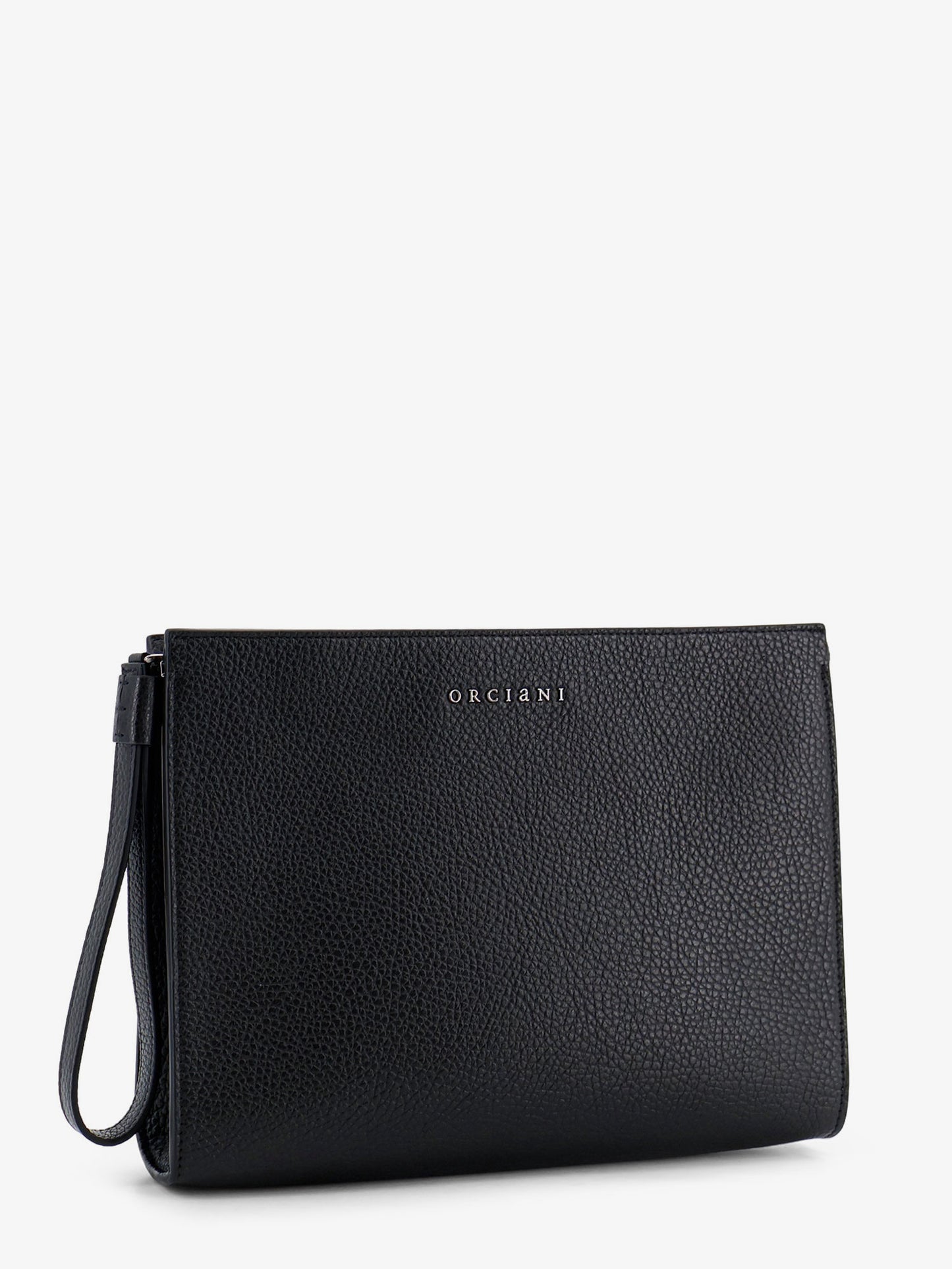 Hammered leather clutch with logo on the front