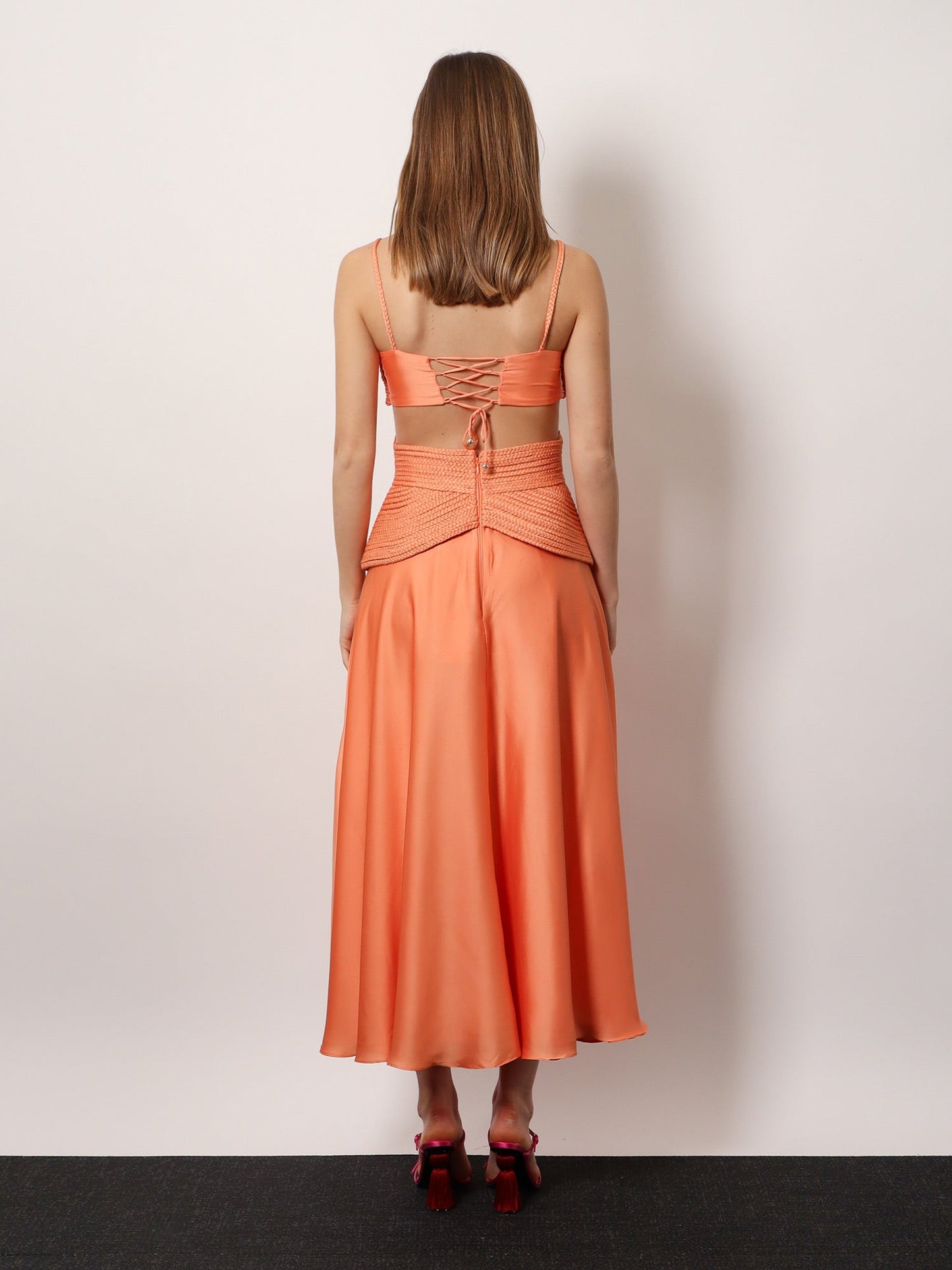 Sunset Satin dress with braided corset
