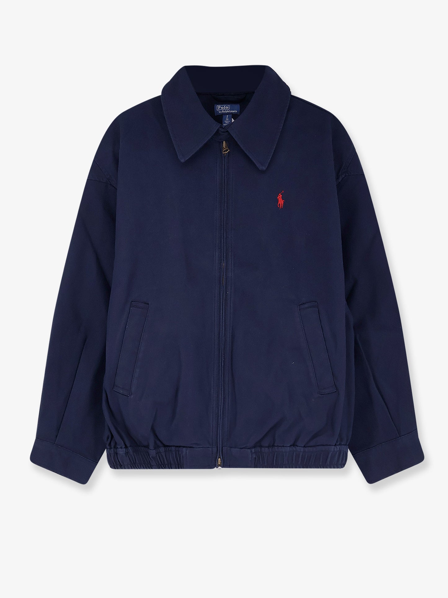Blue denim jacket with embroidered logo on the front