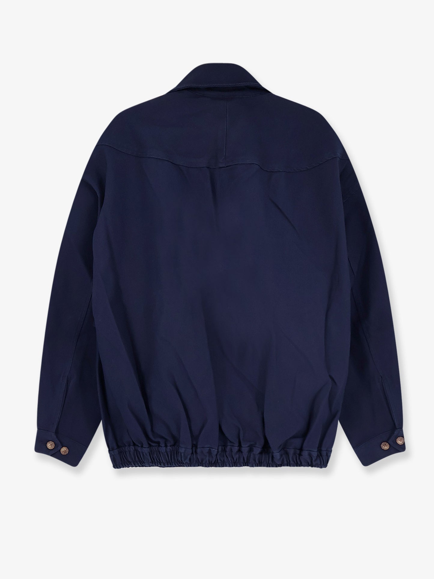 Blue denim jacket with embroidered logo on the front