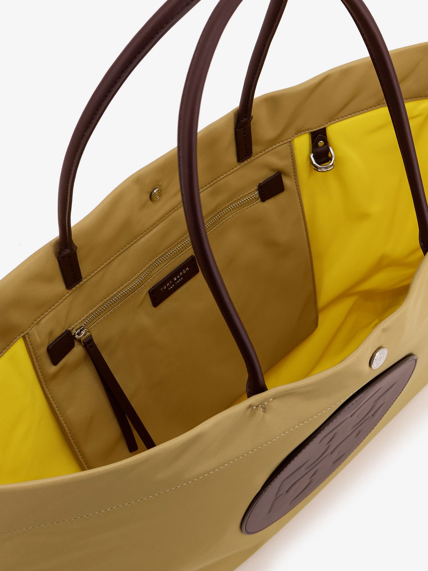 Ella Twist nylon shoulder bag with maxi logo patch on the front
